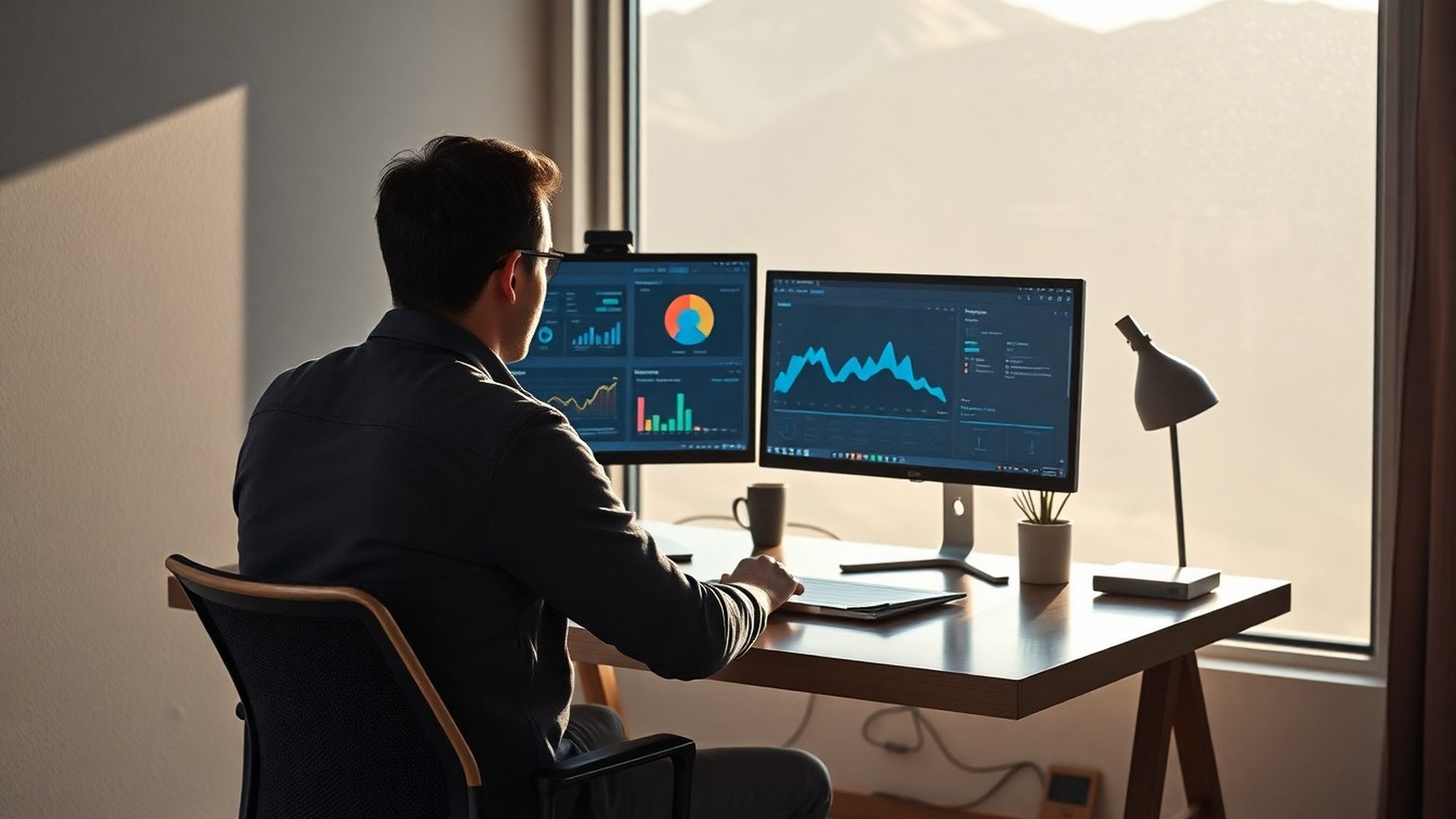 Podjetnik za mizo z indigo-modrimi analitičnimi ploščami na monitorjih